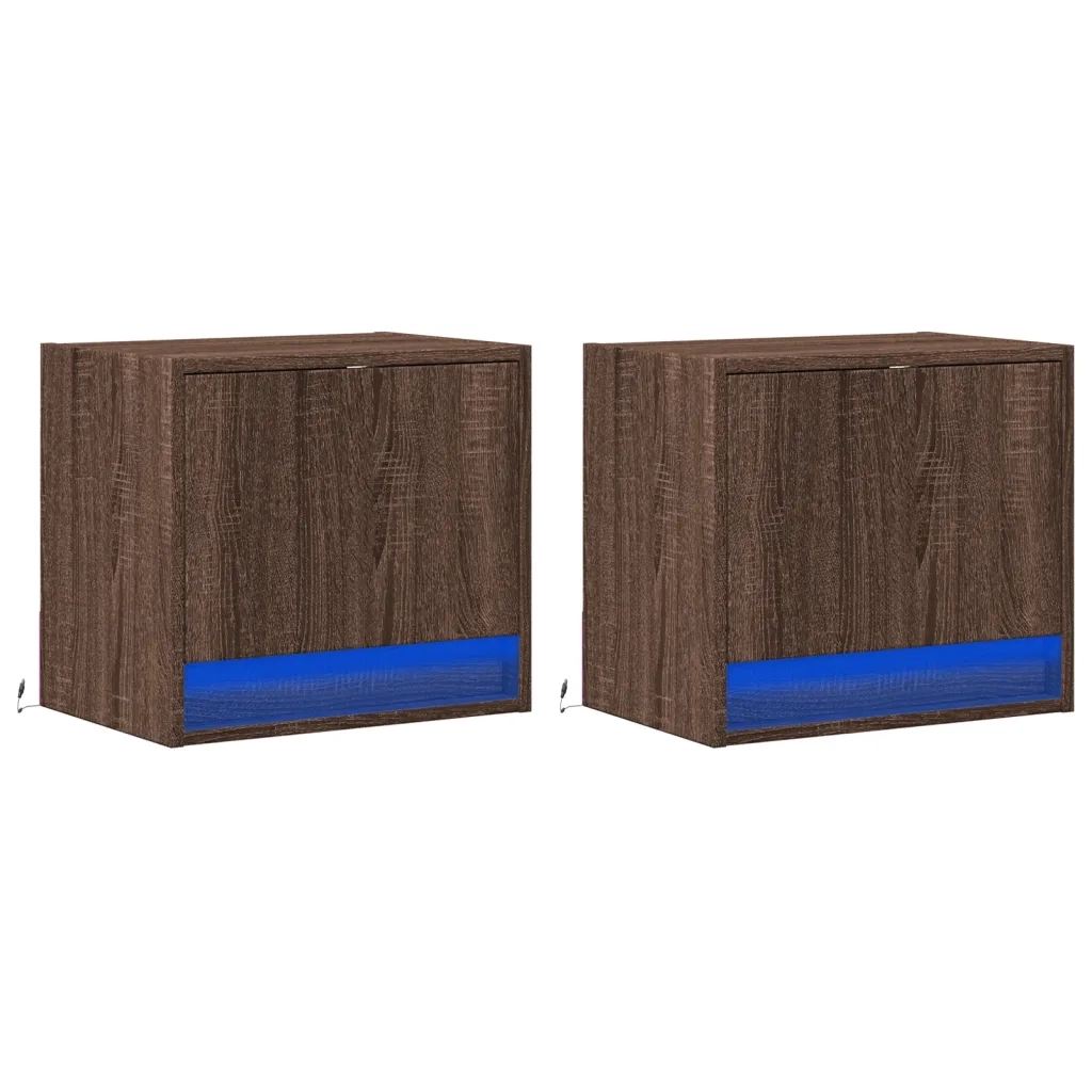 Comodini a Parete con luci LED 2 pz Rovere Marrone 852088