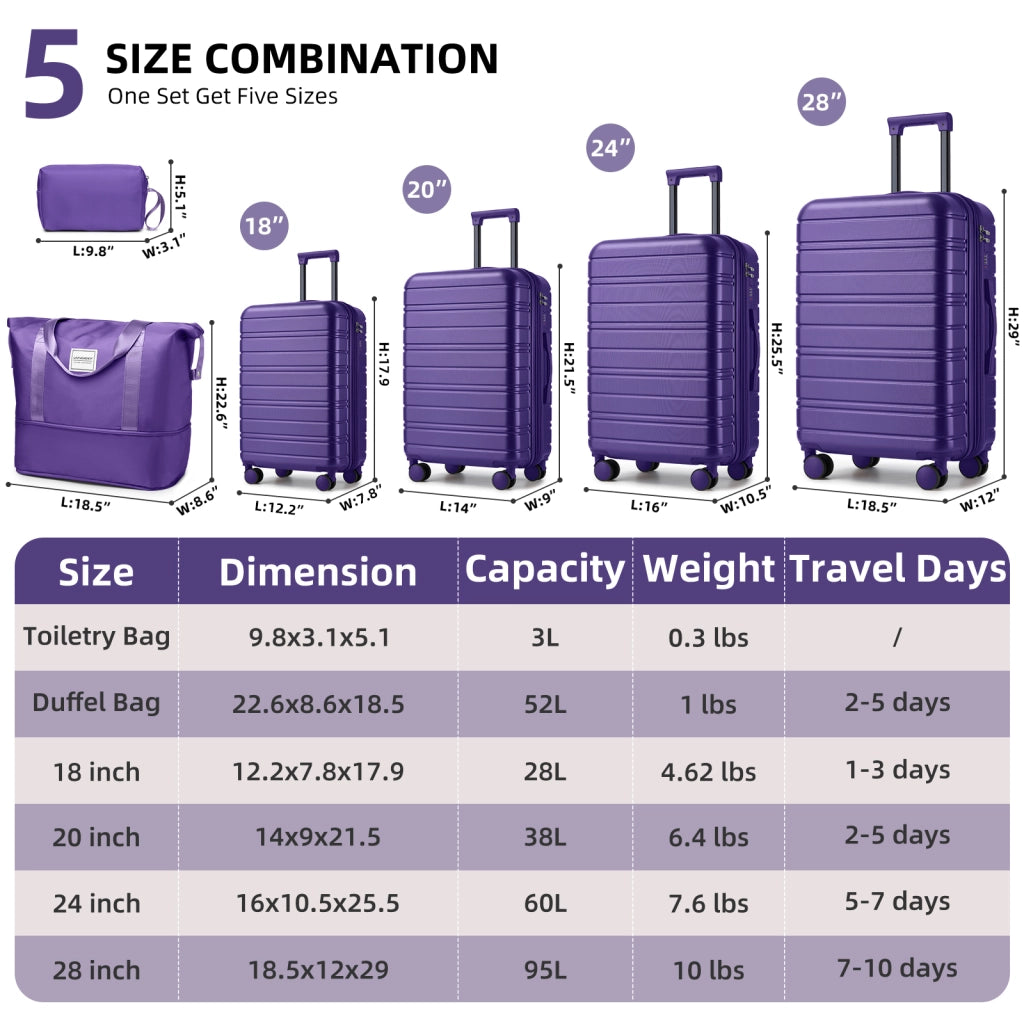 Set valigie rigide espandibile con lucchetto combinato e borsa weekender in ABS viola scuro