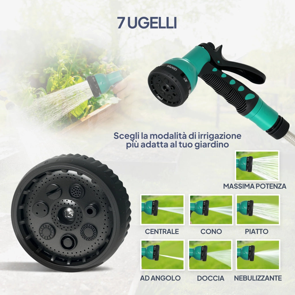 Avvolgitubo Automatico a Parete e Portatile Lunghezza 25+2 m, Sistema di Blocco e 7 Getti, Grigio