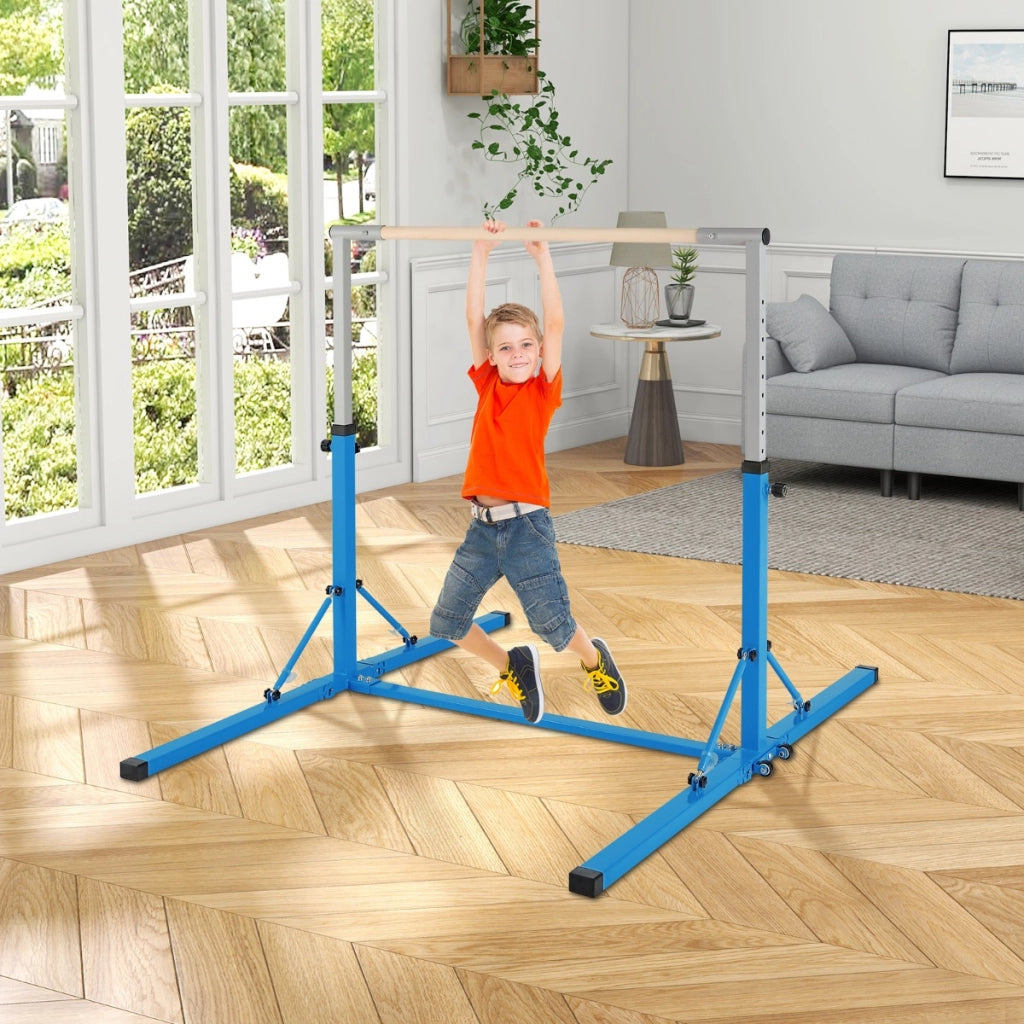 Barra ginnastica per bambini con 13 altezze regolabili portata 100kg, Attrezzatura palestra domestica Blu-Sbarre e travi da ginnastica