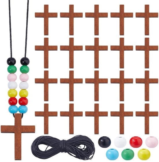 Collare in legno con croce per DIY, con perle colorate e chiusura a molla