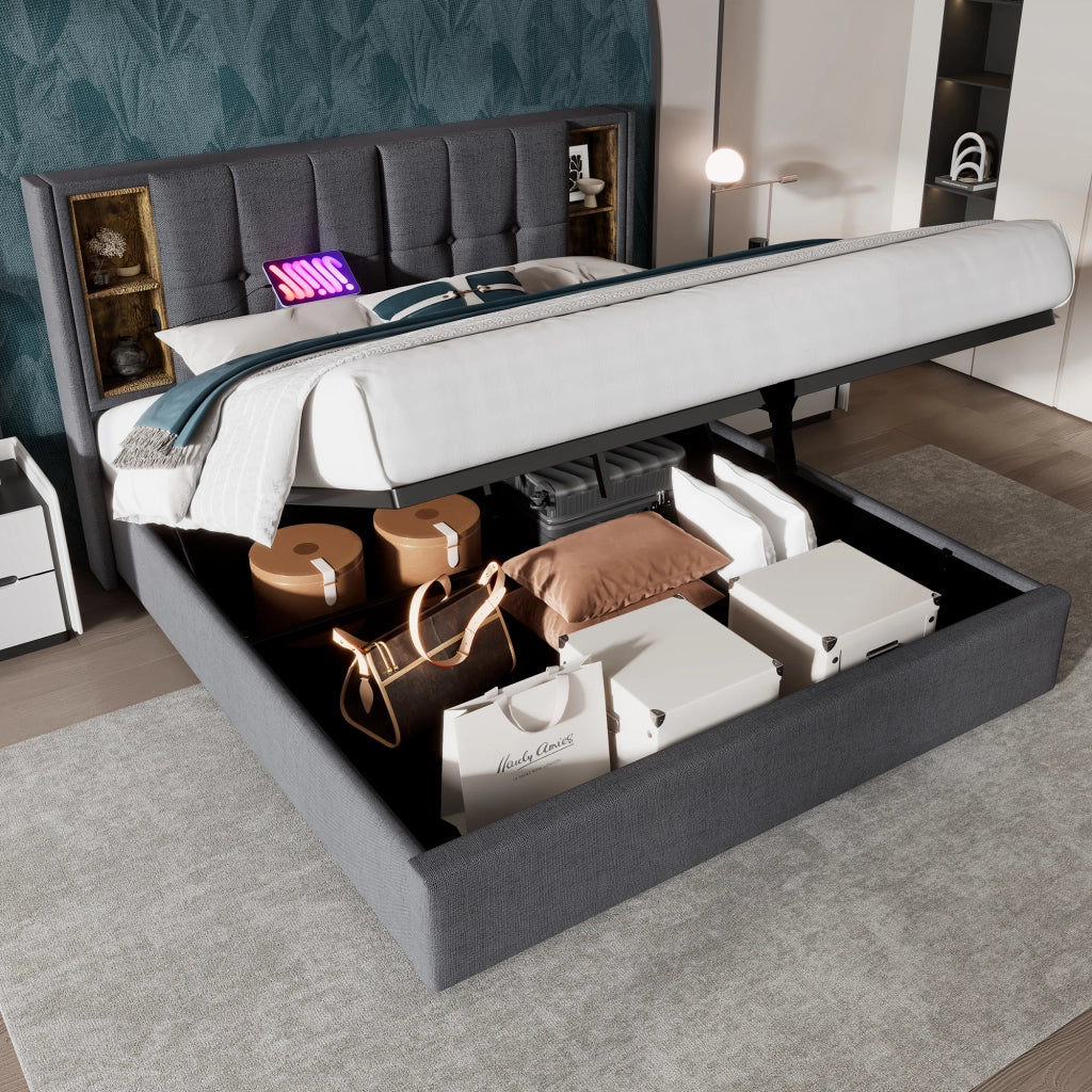 LETTO Imbottito 140x200 cm Cotone Grigio con ricarica wireless USB e Type-C