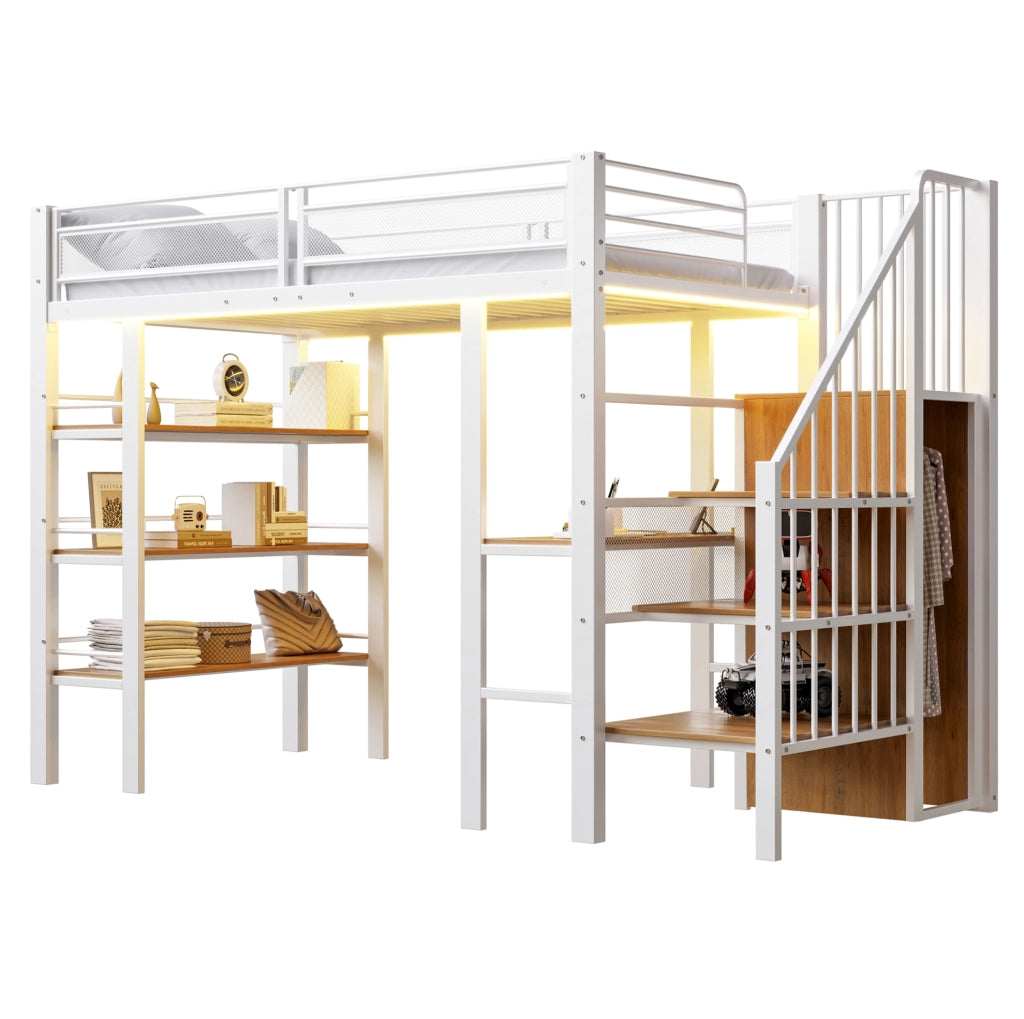 Letto a soppalco 90x200 multifunzionale con scrivania, ripiani e luce LED