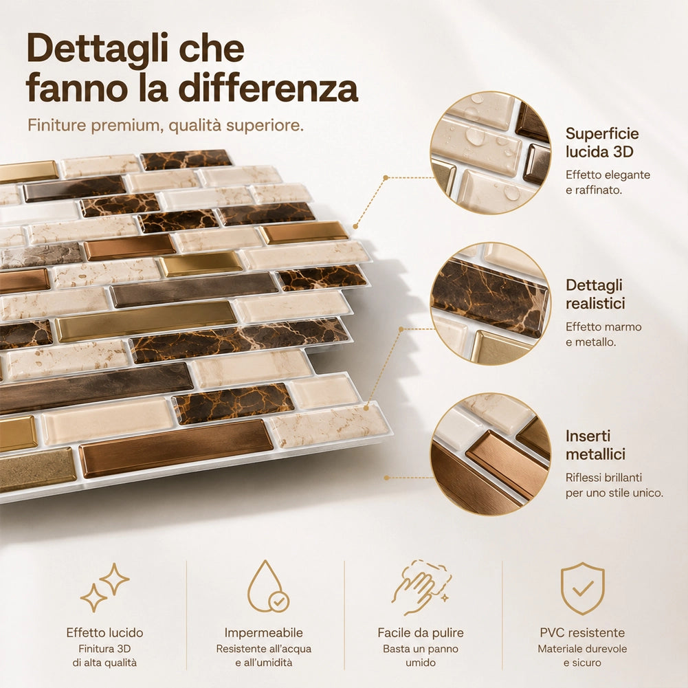 Set 10 Pannelli Adesivi Piastrelle per Muro Parete 30.5 cm Mattoncini Marrone
