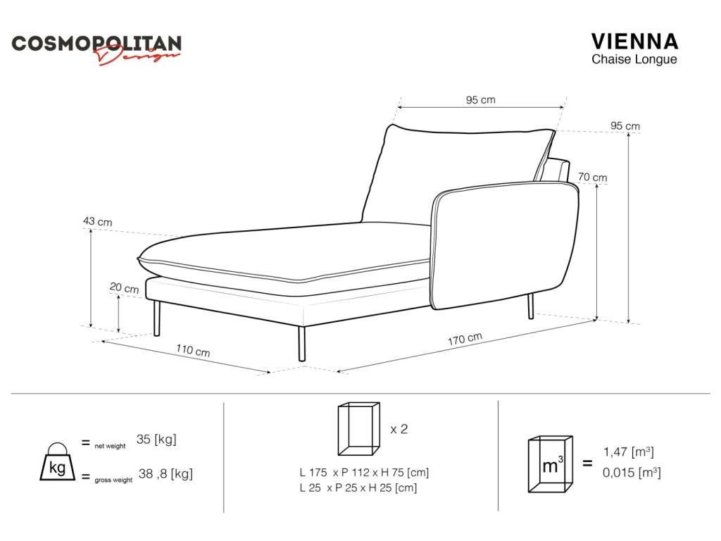 Cosmopolitan Design - Chaise longue destra "Vienna" in velluto nero 