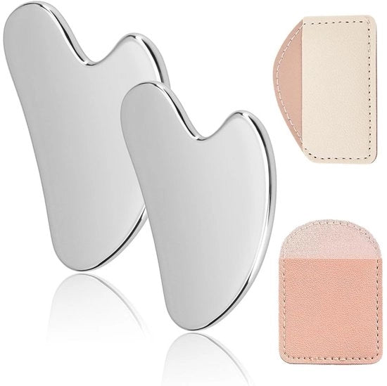 Gua Sha per la Massaggio del Viso - 2 Pezzi - Acciaio Inossidabile - Apparecchio per la Massaggio del Viso - Gua Sha in Metallo - Borsa in Pelle - 8,5 x 6 cm - Roller per il Viso