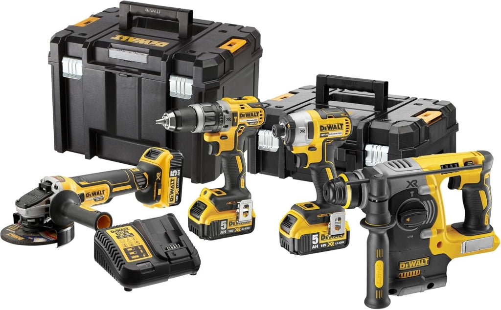DeWalt Kit Completo da 18V: Trapano, Avvitatore a Impulsi, Smerigliatrice, Martello tassellatore DCK422P3T-QW