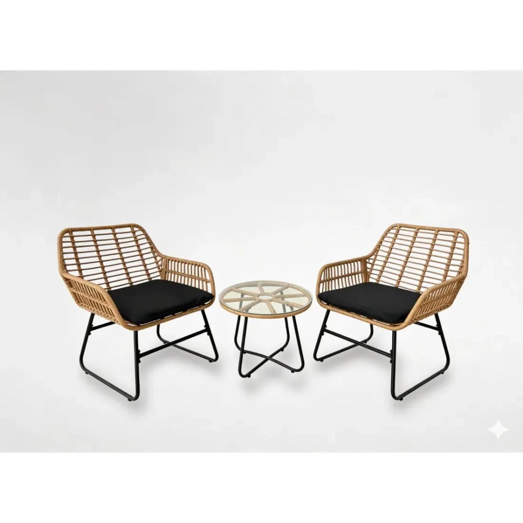Set da giardino HAVENA 2 posti in rattan marrone con cuscini neri e tavolino