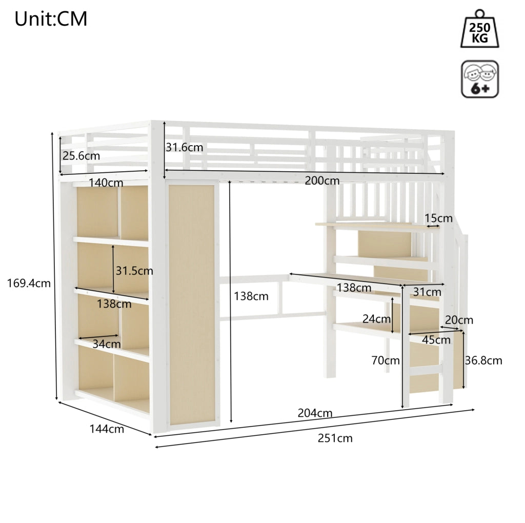 Hochbett 140x200 cm con scrivania; ripiani e LED; in metallo e MDF; bianco