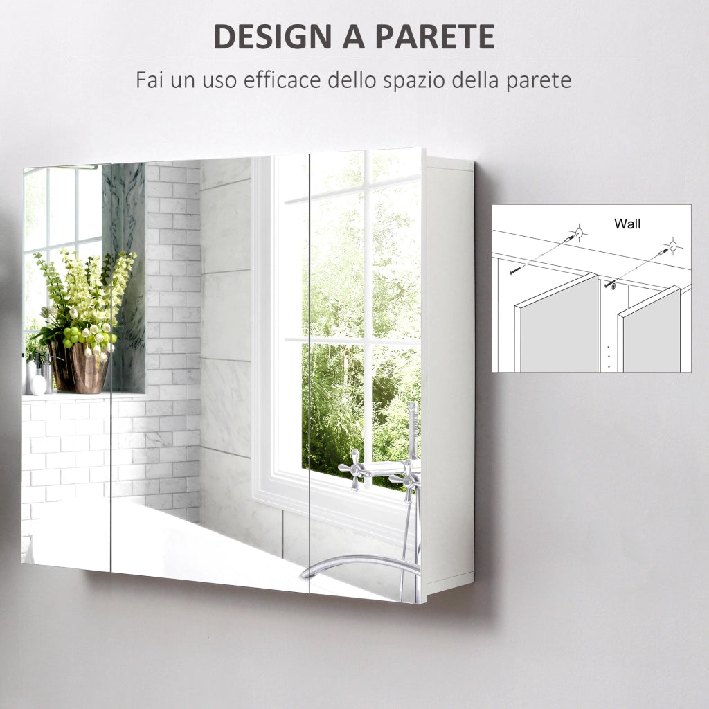 Mobile Bagno con 3 Ante Specchiate e Ripiani Regolabili ¨C zephmum ¨C 70x15x60cm, Bianco