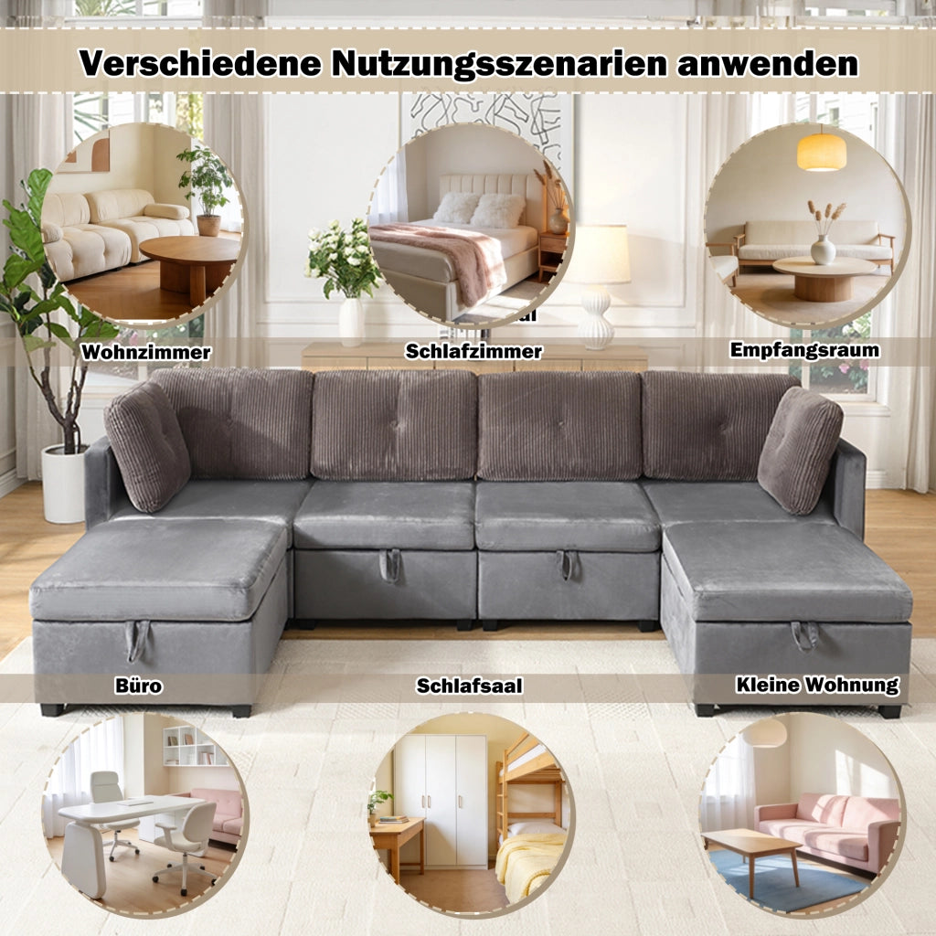 Divano modulare a U 6 moduli con contenitore e cuscini; velluto e cord; grigio antico