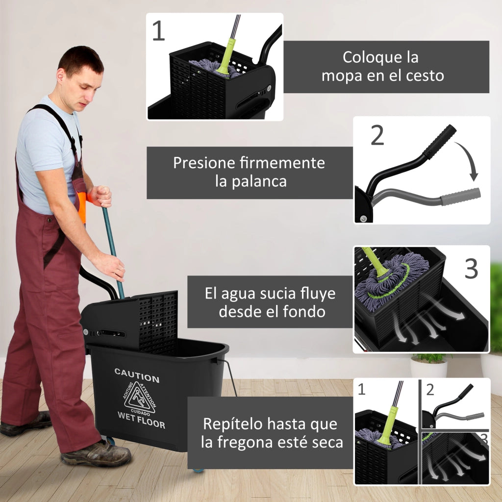 Secchio Lavapavimenti 20L con Ruote e Sgocciolatoio ¨C Zephmum ¨C Nero 60x27x70,5 cm