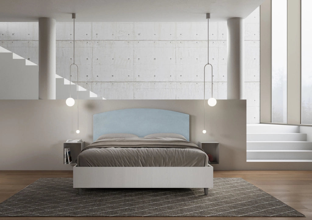 BS COM Letto matrimoniale senza rete 160x200 bianco frassino testata microfibra azzurro