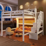 Letto castello 140x200 LED stivaggio scala vano bianco