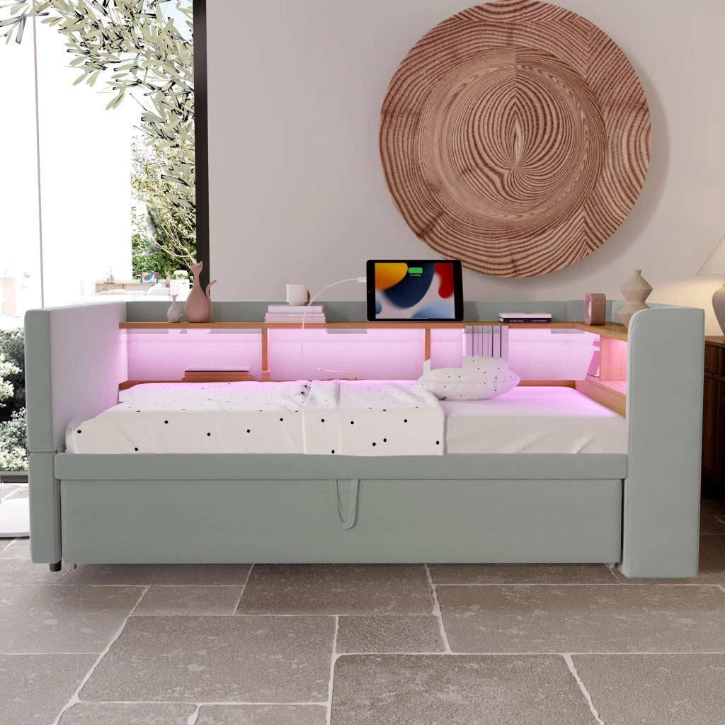 DIVANO LETTO Estraibile 90/180 x 190 cm Grigio Chiaro con LED e prese