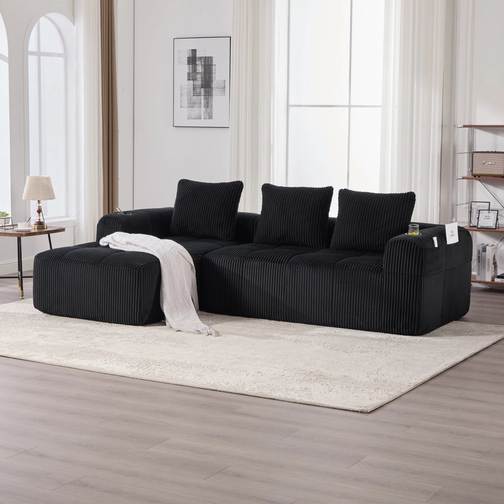 Divano Compatto in Tessuto a Coste con Cuscini ¨C MINIMAL ¨C Nero, Modulare, Portabicchieri