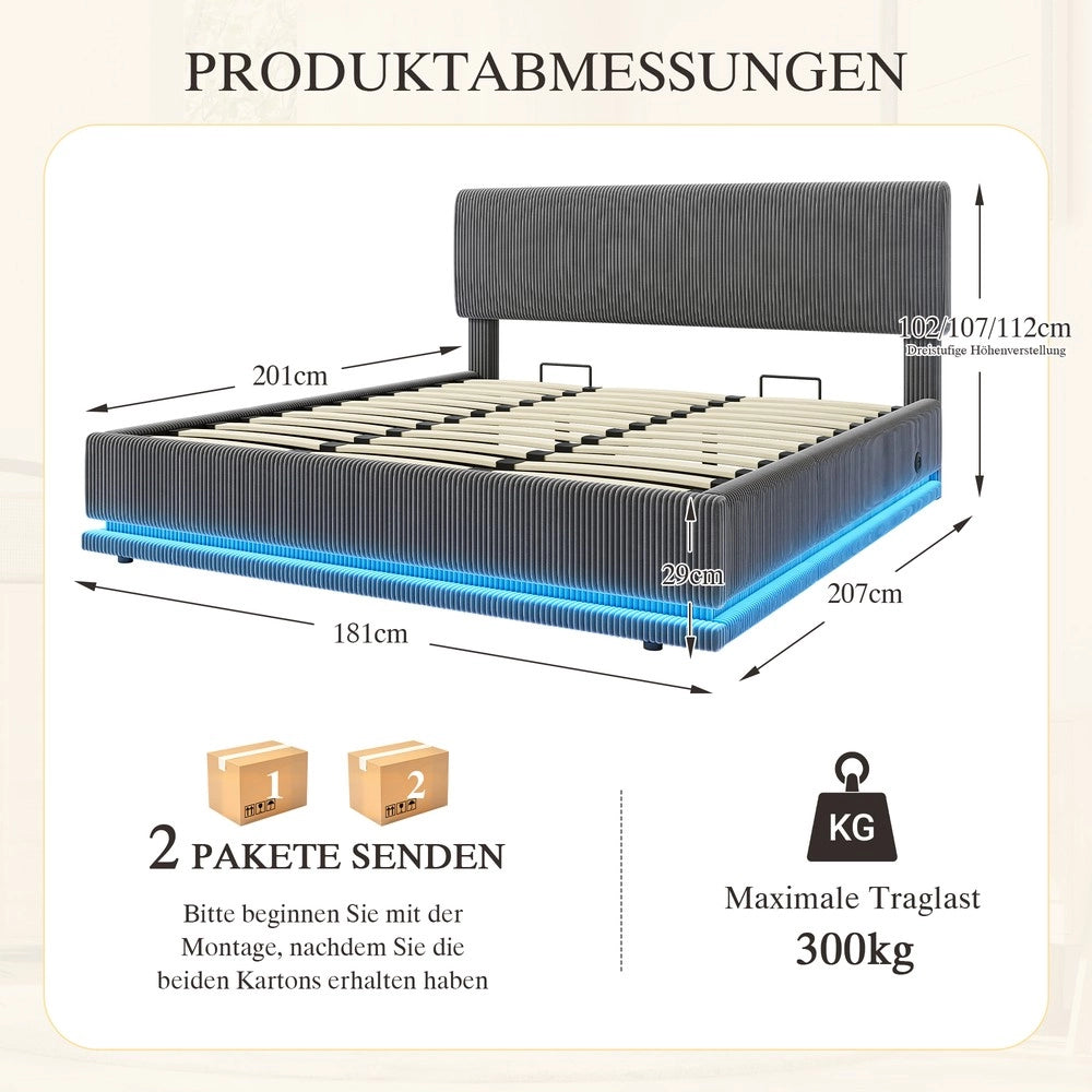 Letto Imbottito Contenitore con LED e Testiera Regolabile ¨C MINIMAL ¨C Velluto Grigio 180x200