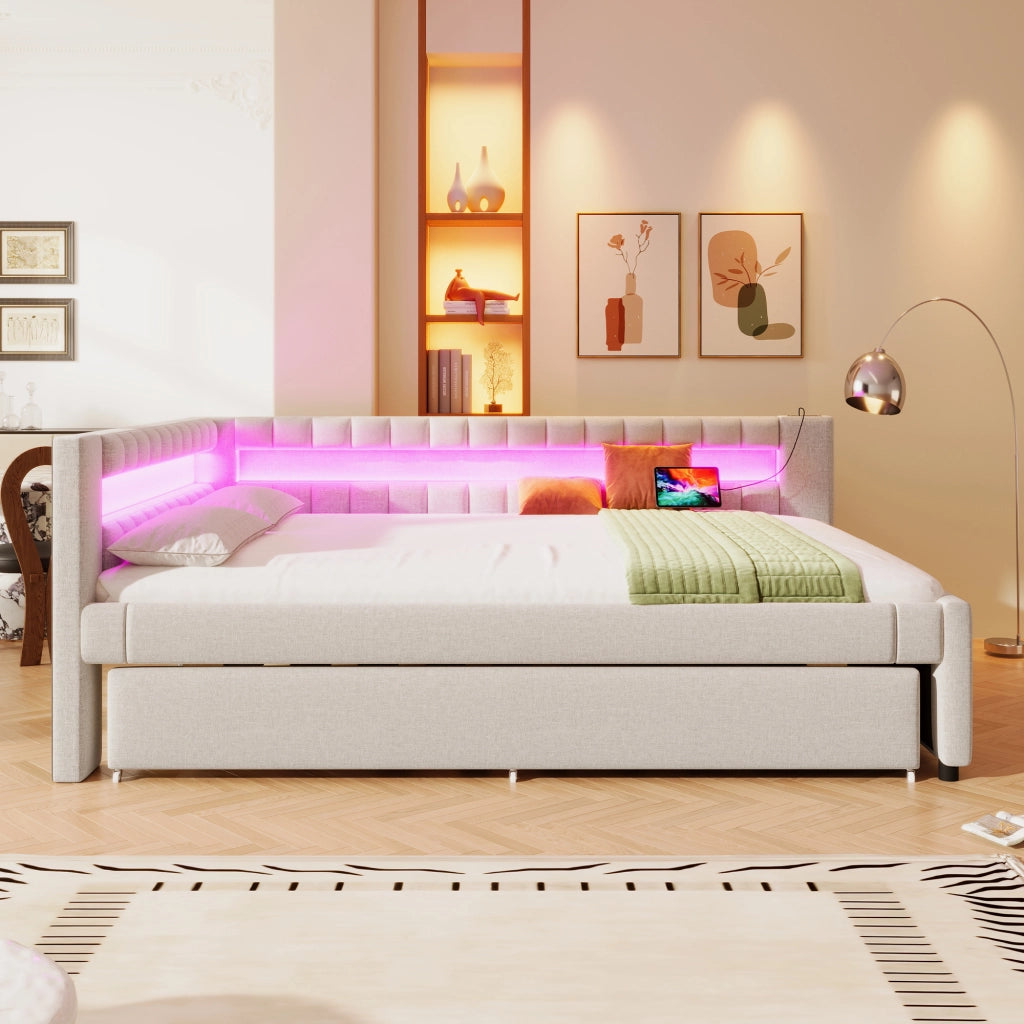 Letto a scomparsa con LED - Zephmum - 140x200cm - Beige - Luci integrate, USB, Type-C