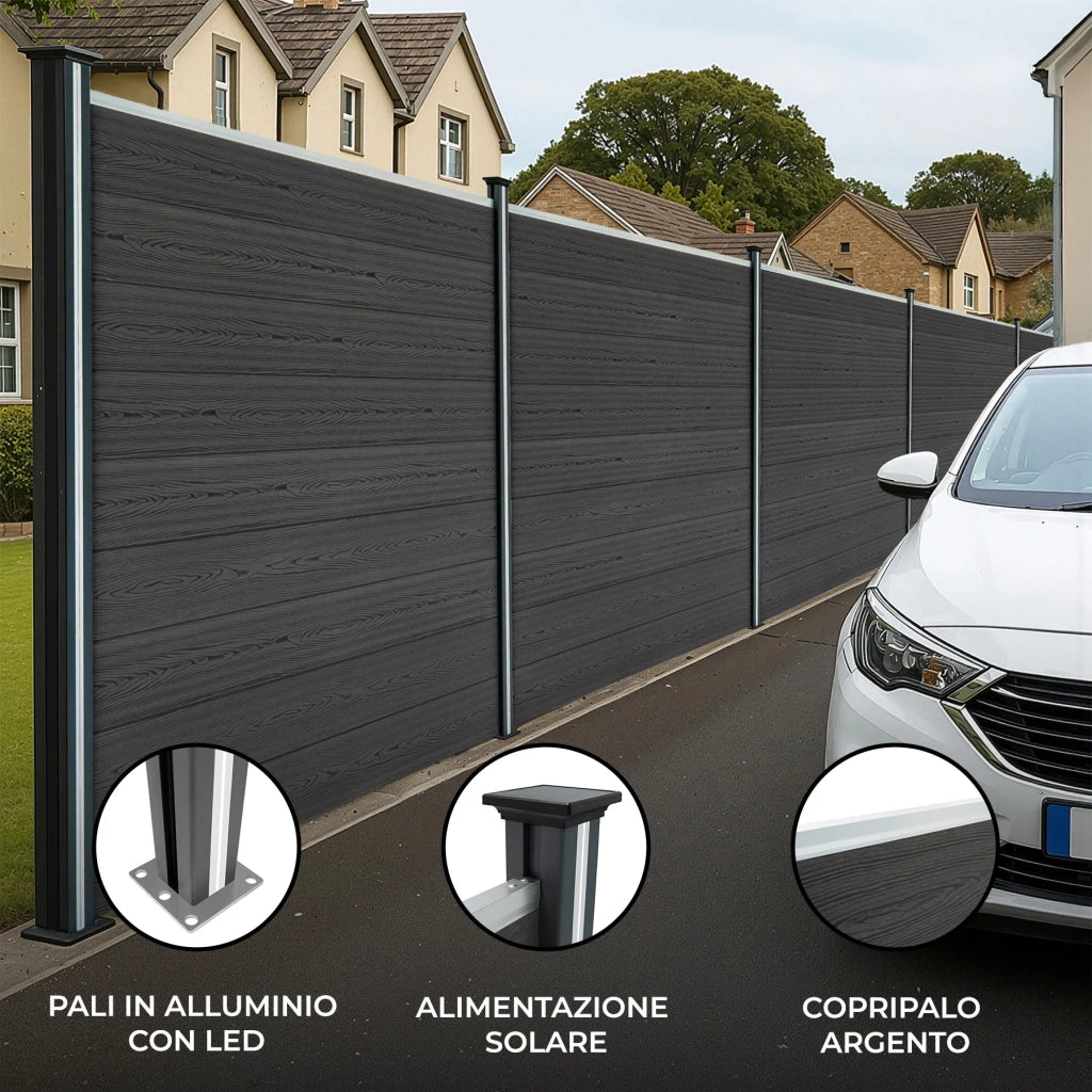 Pannelli Recinzione x8 + 9 Pali Alluminio LED Grigio Doghe PVC 185cm
