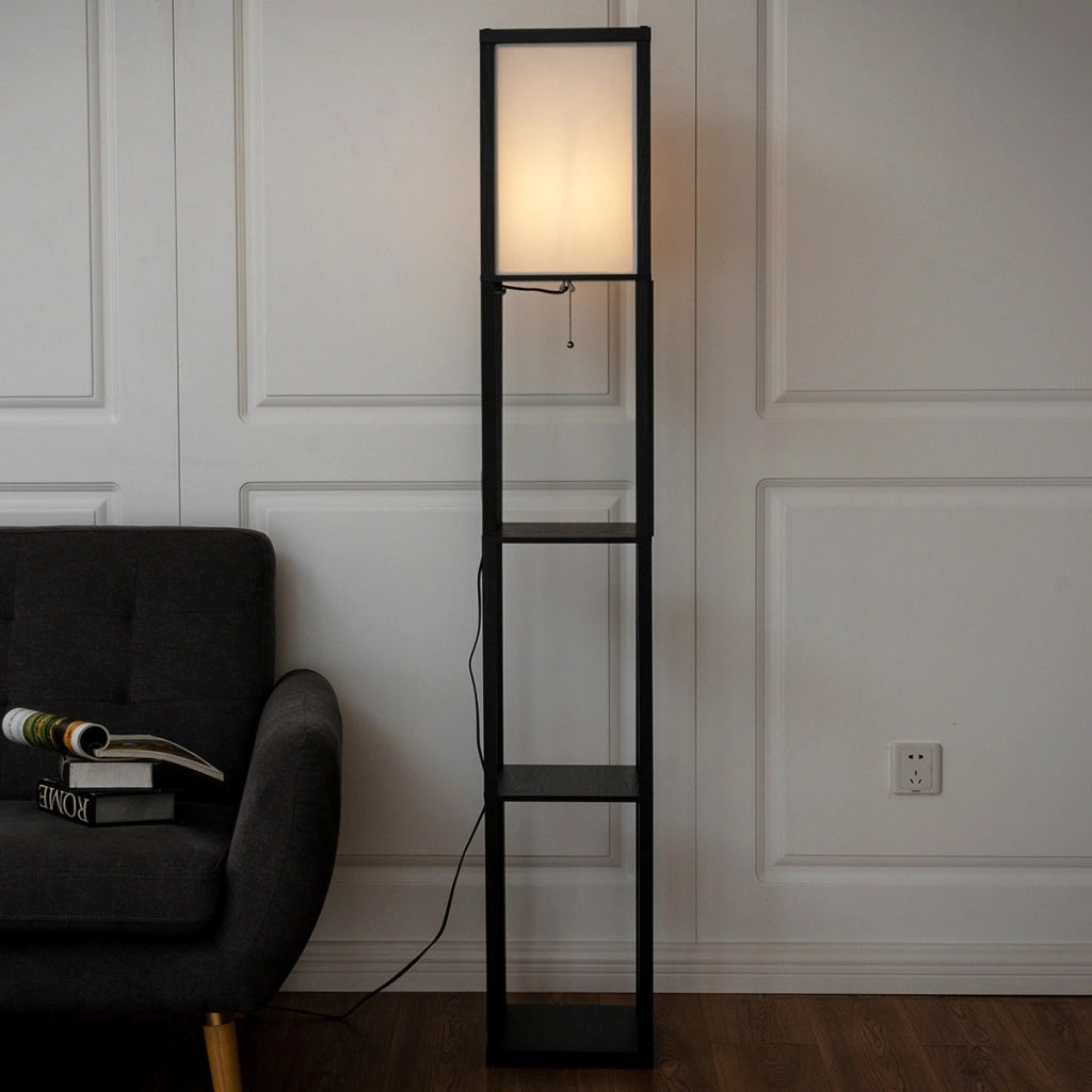 Scaffale legno con lampada per salone camera da letto studio, Lampada da terra con paralume e 3 mensole Nero