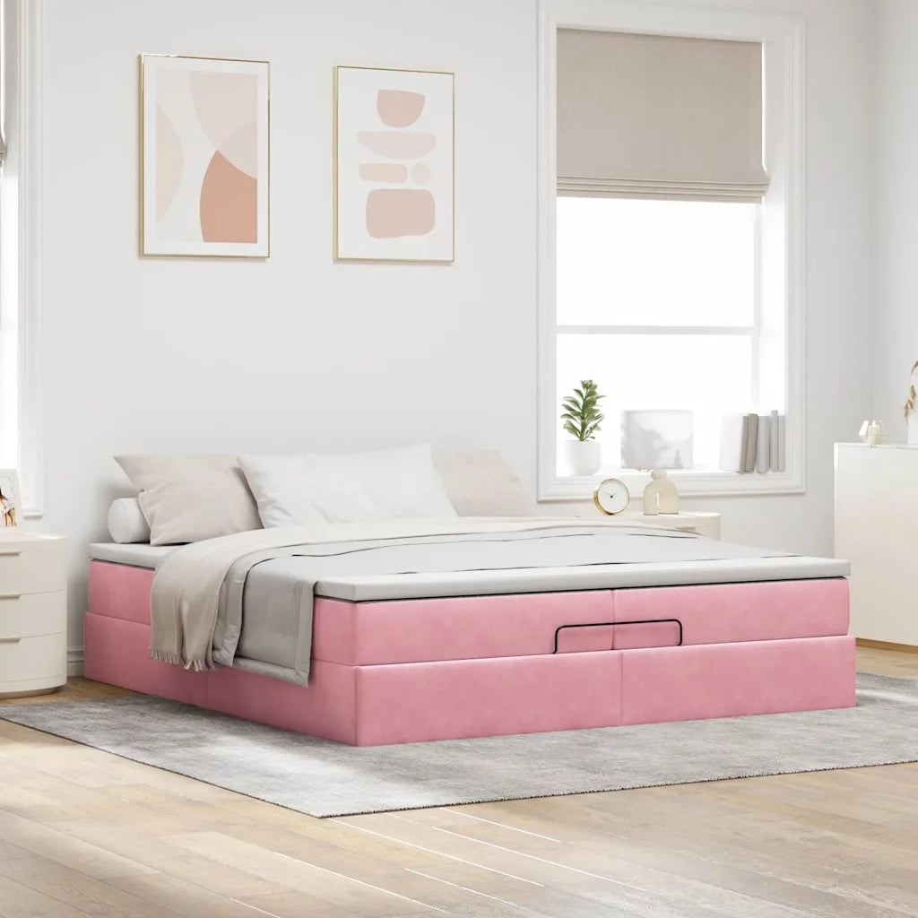Struttura Letto Pouf con Materassi Rosa 200x200 cm Velluto