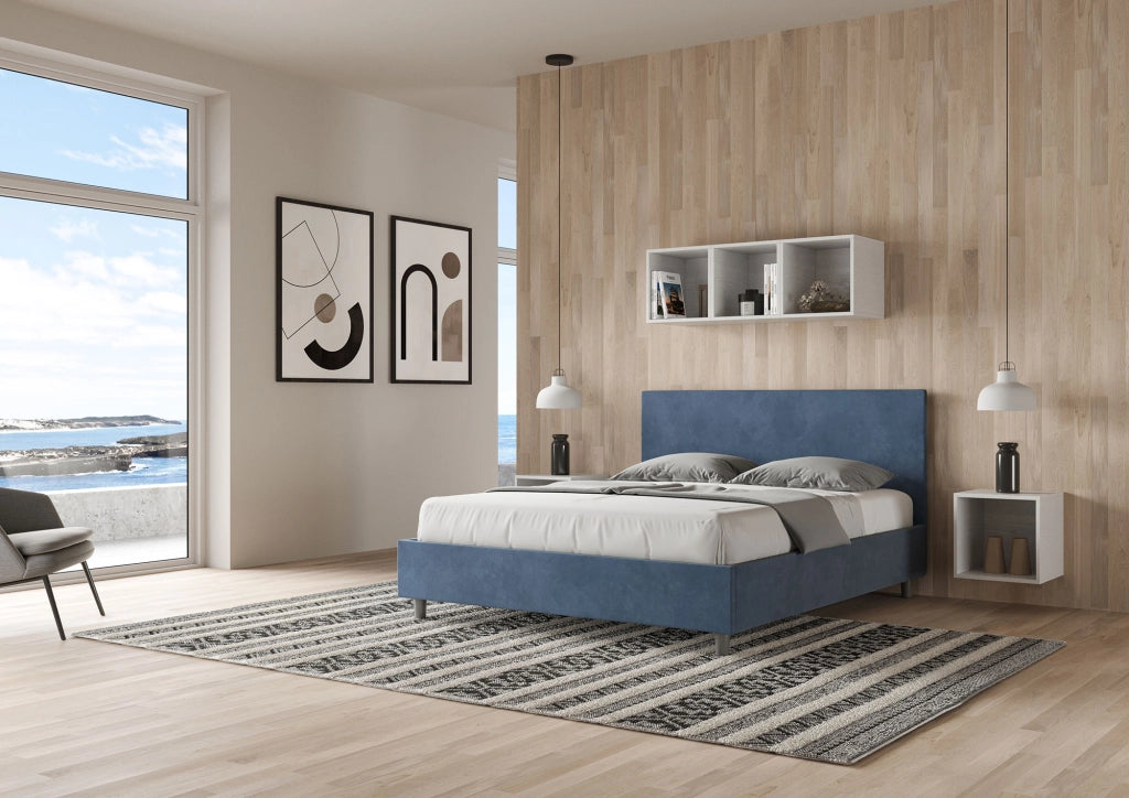 BS COM Letto matrimoniale con rete imbottito 160x200 microfibra blu