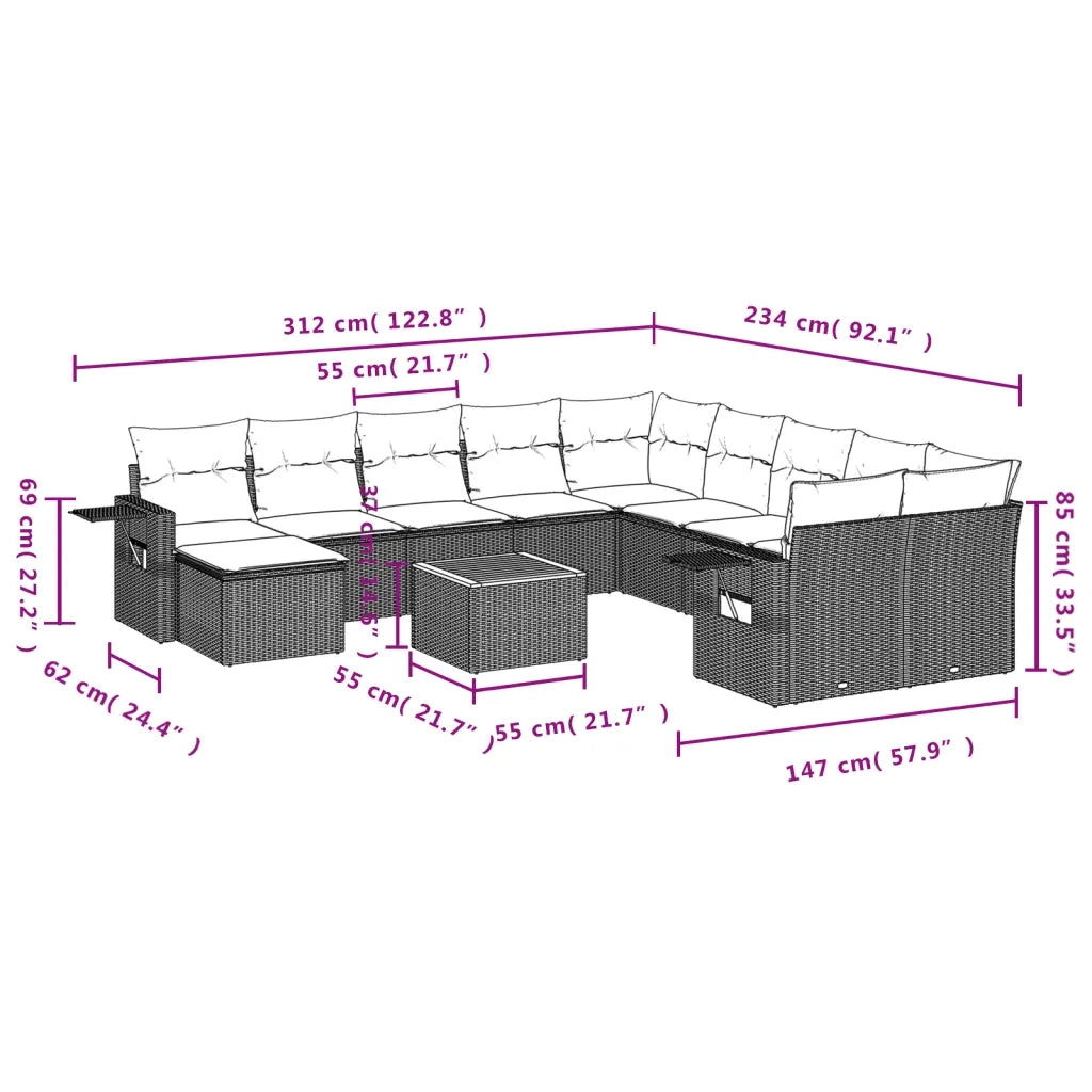 Set Divani da Giardino 12 pz con Cuscini Grigio in Polyrattan