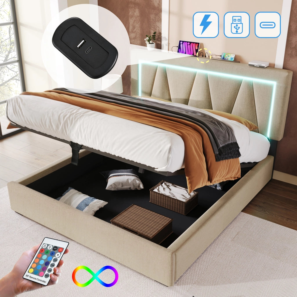 DESMIU Letto contenitore 140 × 200 cm 2 posti con LED, USB e Type-C, con materasso, beige
