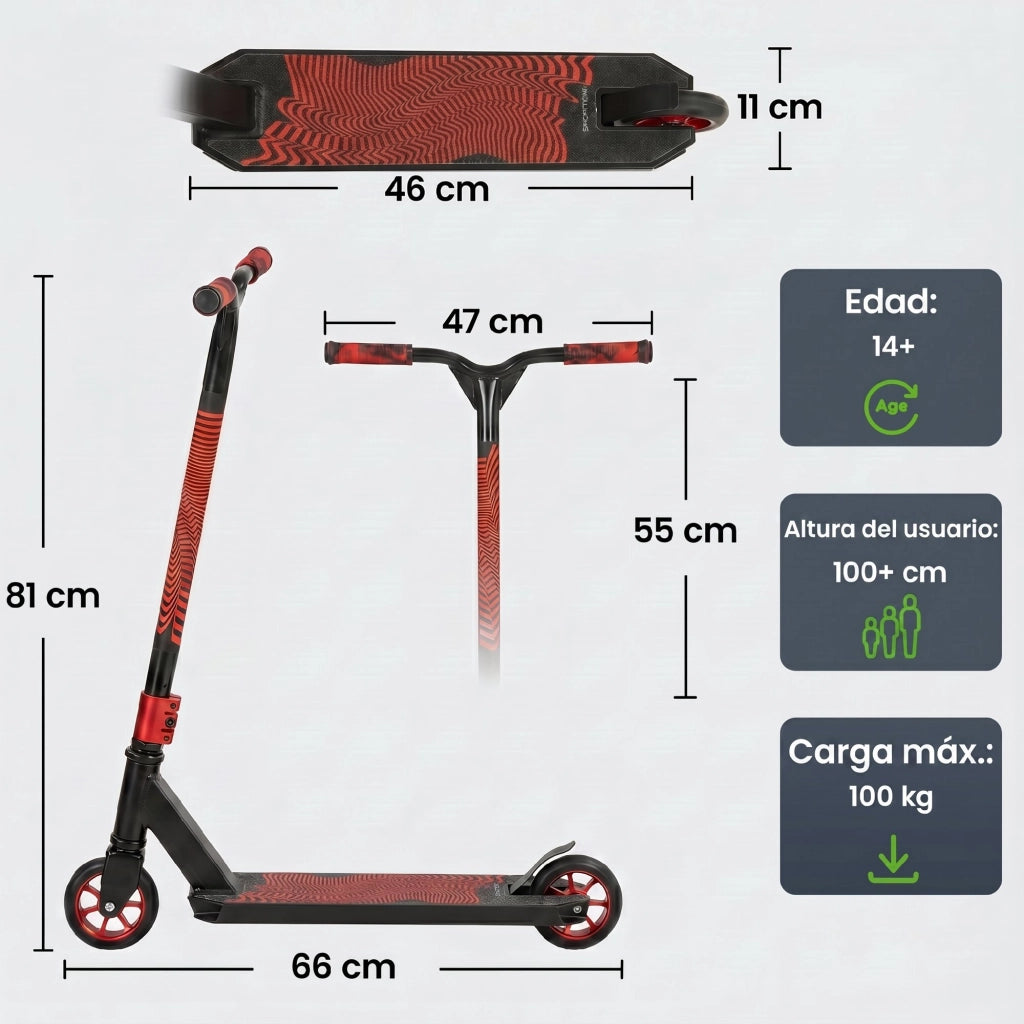 Monopattino Freestyle per Trick ¨C Xylo ¨C Cuscinetti ABEC-9 Ruote 120mm Rosso