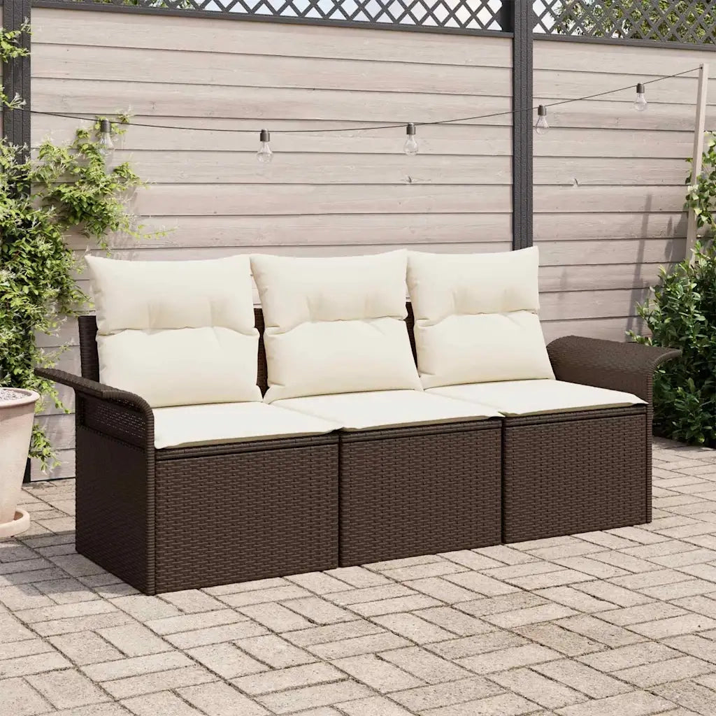 Set Divano da Giardino con cuscino 3 pcs Marrone Poly Rattan