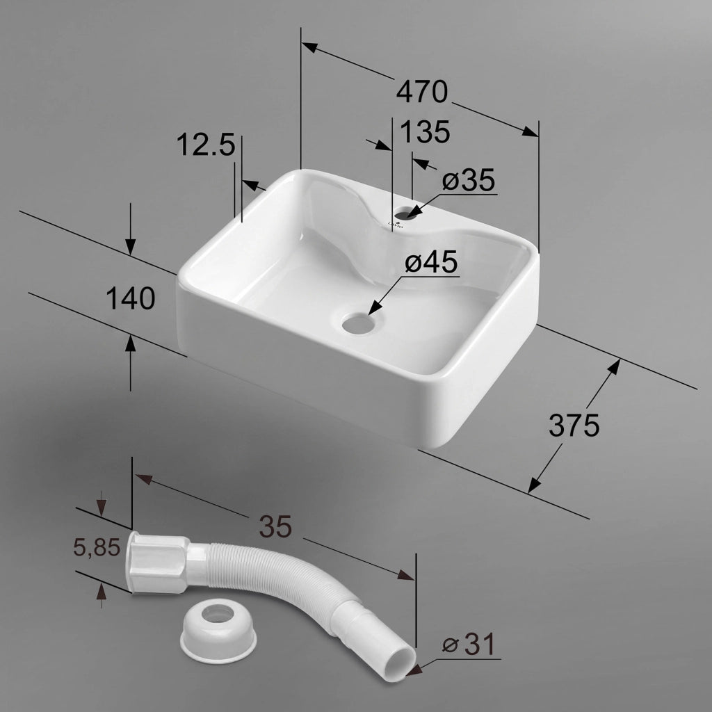 Lavabo da appoggio rettangolare ceramica 47 cm Bianco