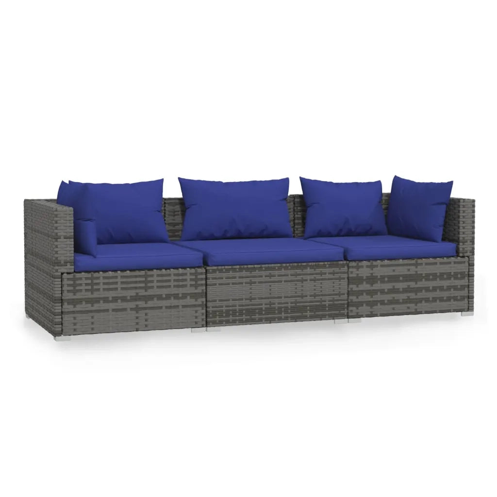 Divano a 3 Posti con Cuscini-Sofa 3 Posti con Cuscini in Polyrattan Grigio