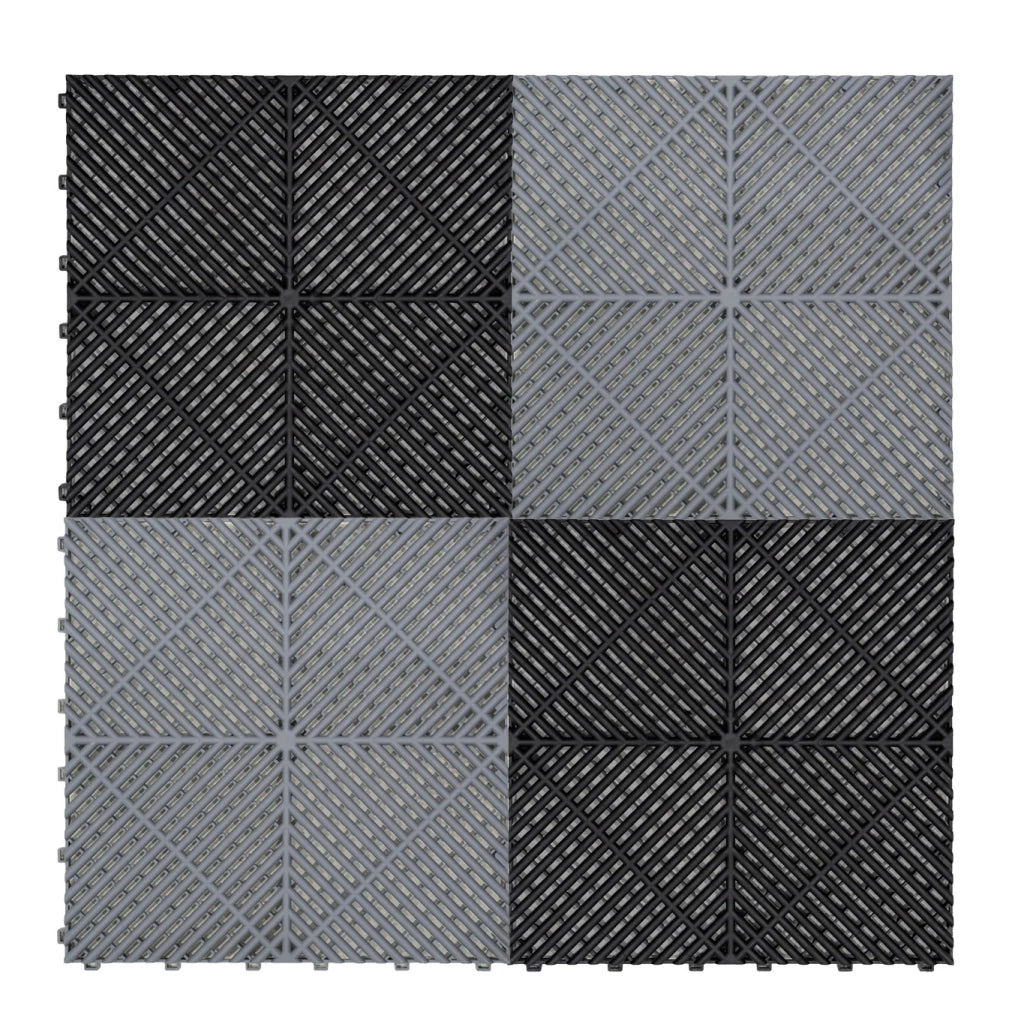 Piastrelle ventilate nere e grigie 3,2m x 6m per garage e officine, antiscivolo.