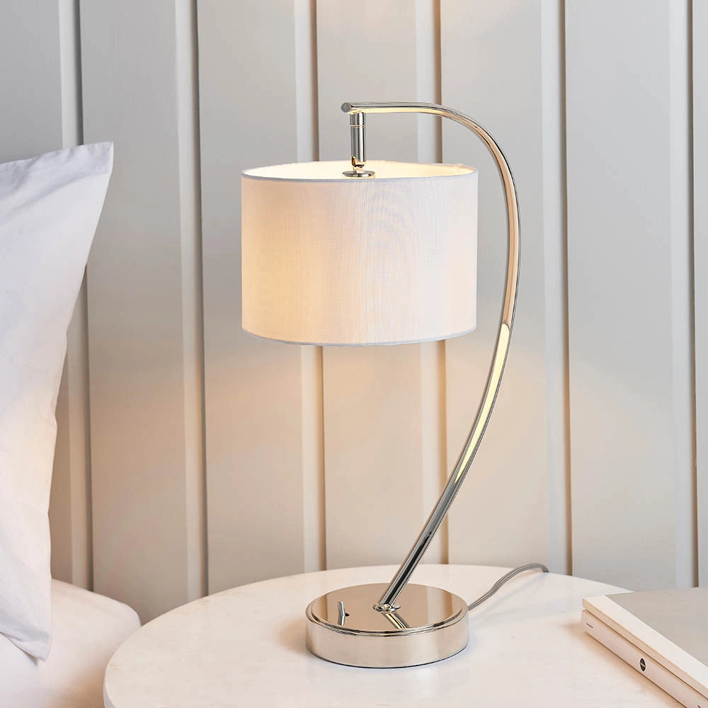 Lampada tavolo arco nichel, paralume bianco E14 Endon