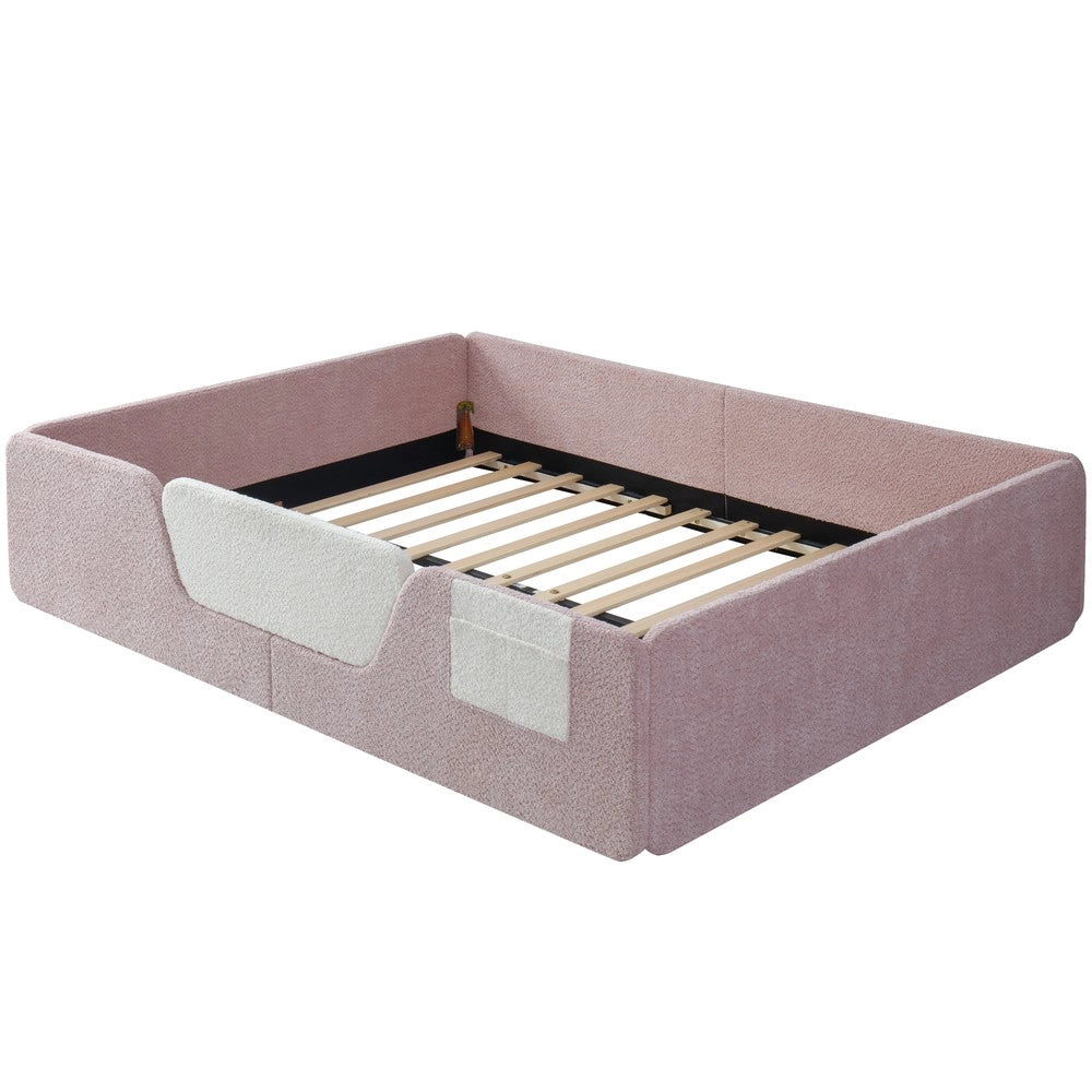 Letto Imbottito in Velluto Rosa 140x190 ¨C Xylo ¨C con Sponde Rimovibili e Tasca