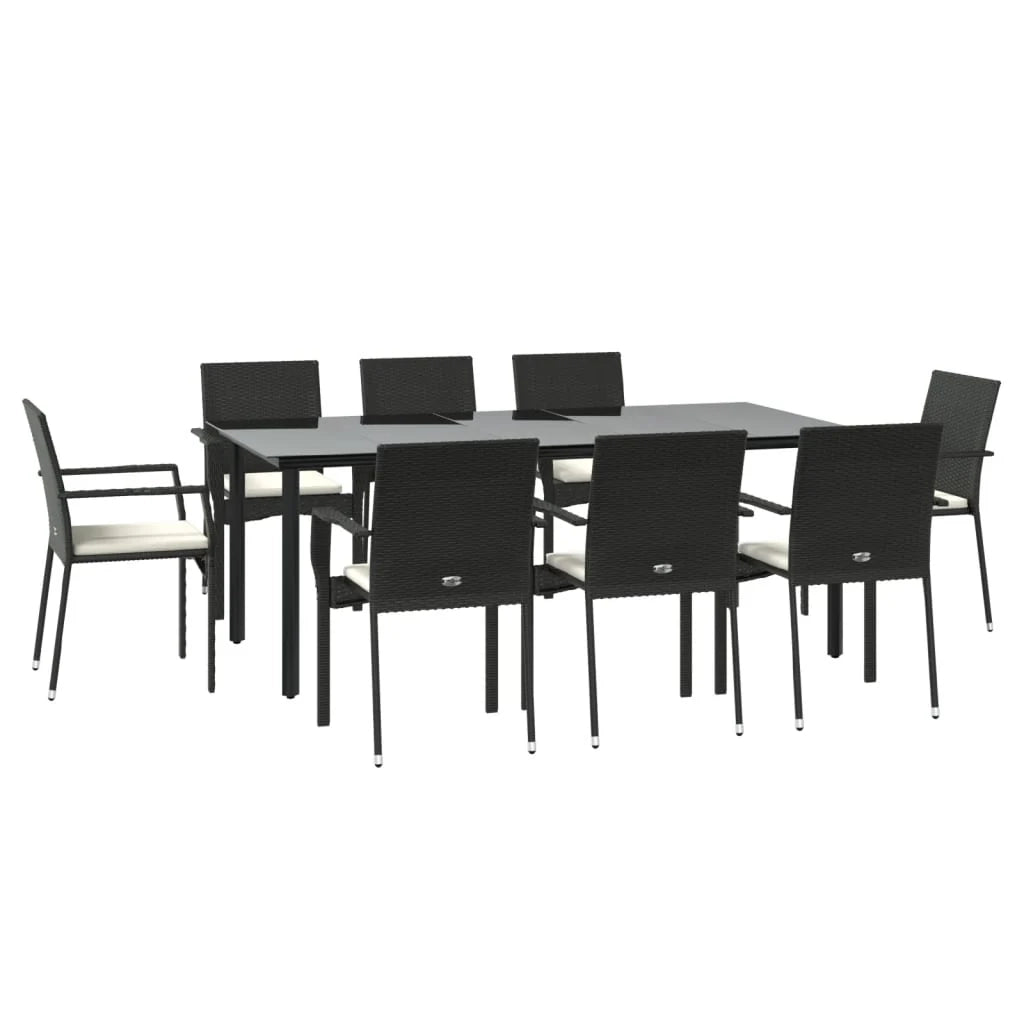 Set da pranzo da giardino da 9 pezzi e cuscini resina intrecciata nera 02_0014840
