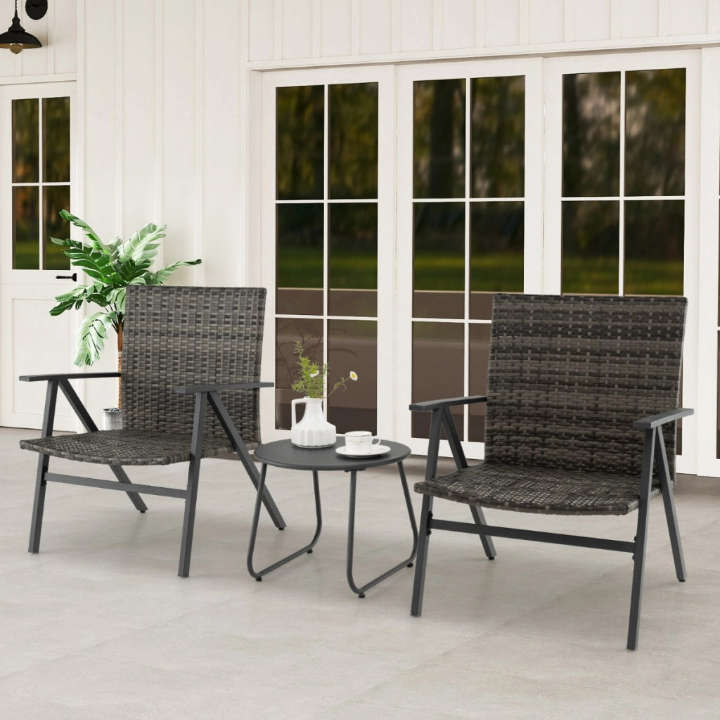 Set bistro da 3 pezzi per patio con schienale e seduta in rattan, Set conversazioni con tavolino rotondo per balcone Grigio