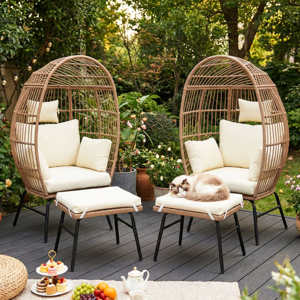 Poltrona uovo rattan pe vimini cuscini comodi poggiapiedi oversize, Poltrona salotto interni esterni balcone bordo piscina veranda