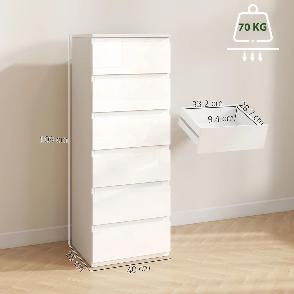 Com¨° Slim. 6 Cassetti Finitura Lucida. Camera da Letto. Bianco