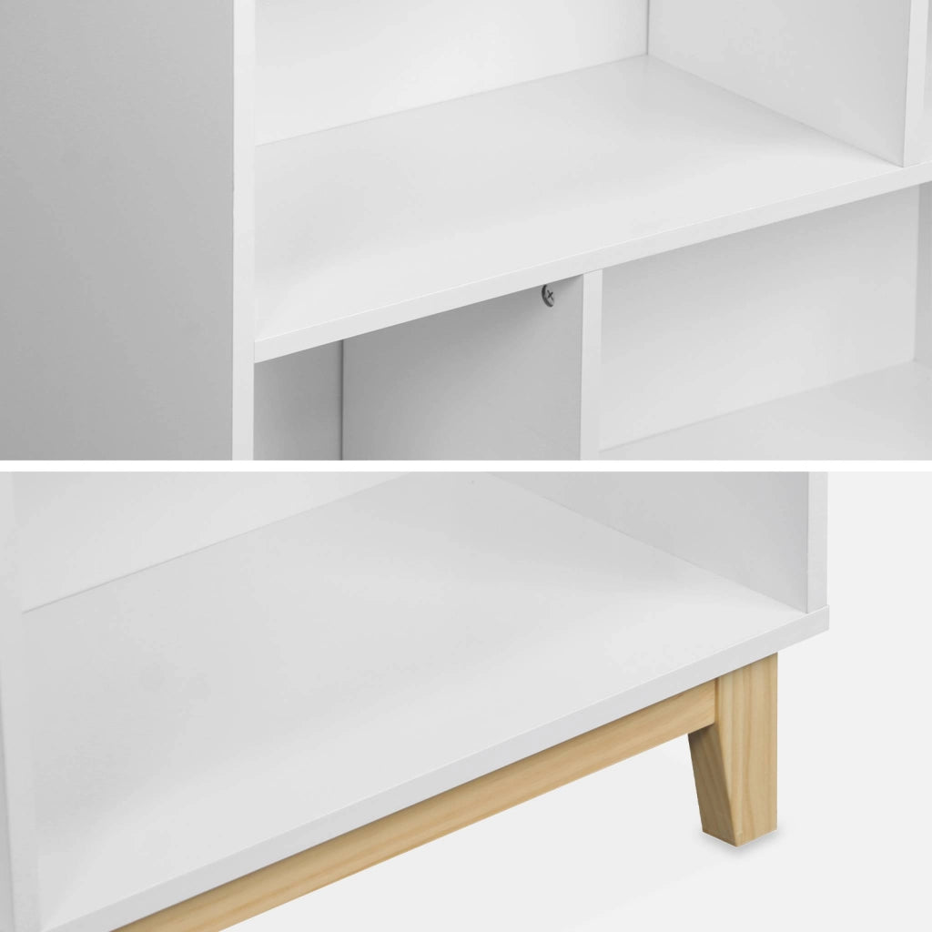 Libreria effetto legno con gambe in legno e 4 ripiani, bianco