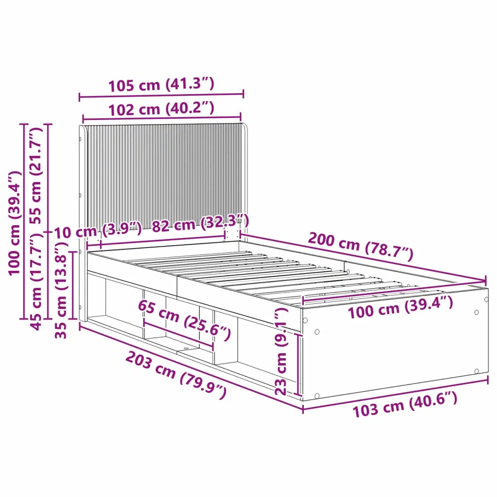 Letto singolo | Letto per adulti | Struttura del letto con stoccaggio e testata Nero 100 x 200 cm