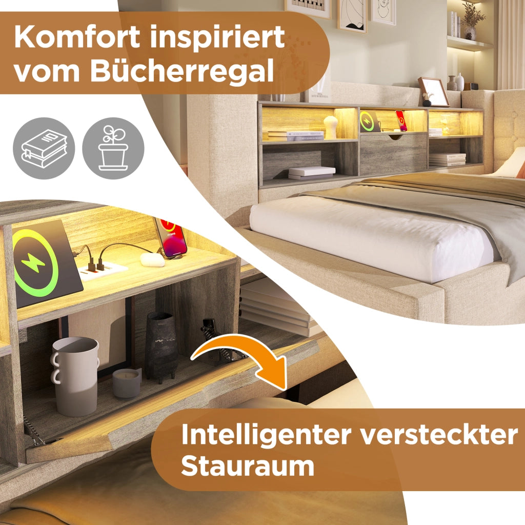 Letto imbottito idraulico con illuminazione a LED 90x190 cm colore beige lino