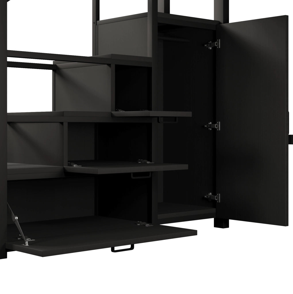 Letto a soppalco in metallo 140x200 cm con armadi e LED; nero