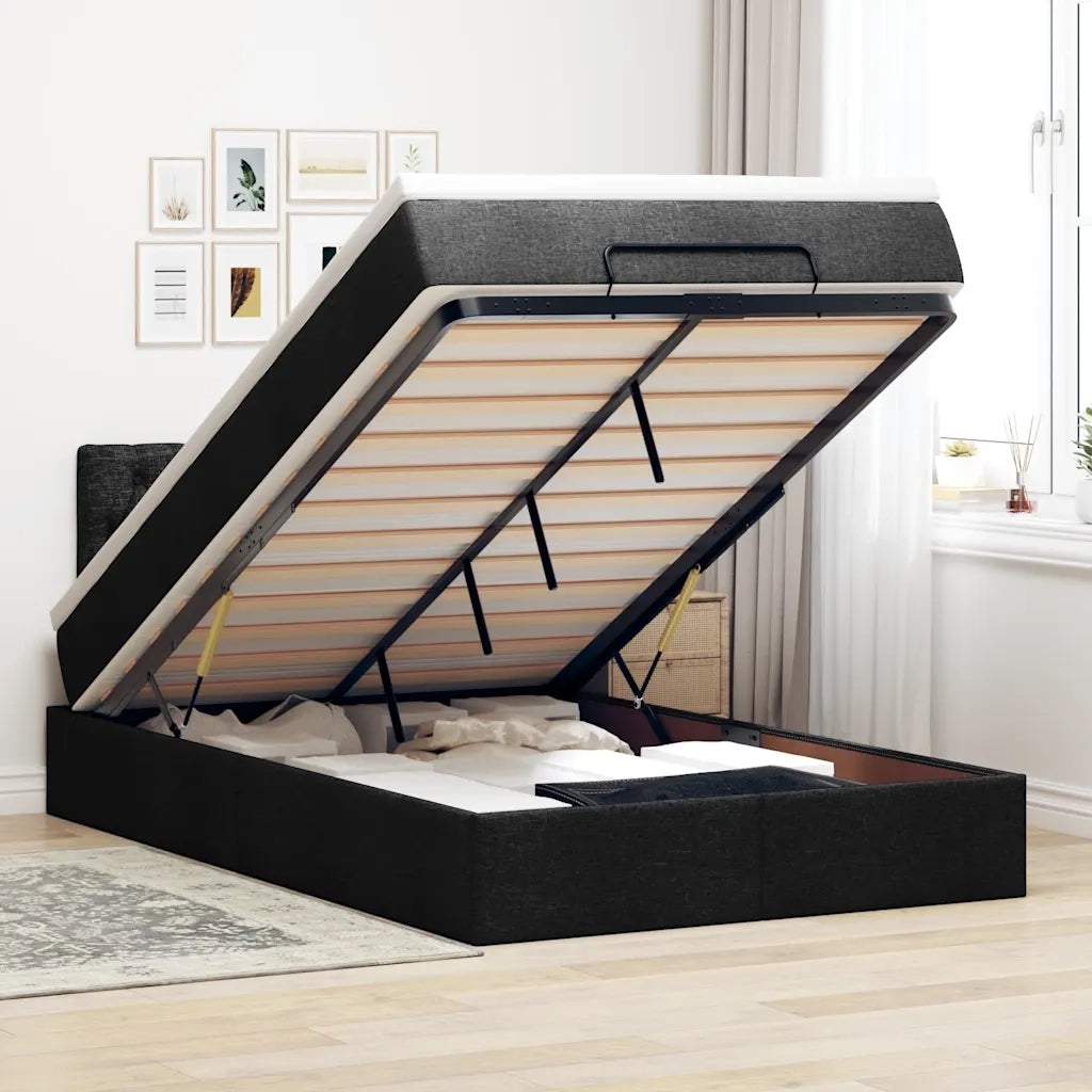 Pouf Letto con Materasso e LED Nero 120x190 cm in Tessuto