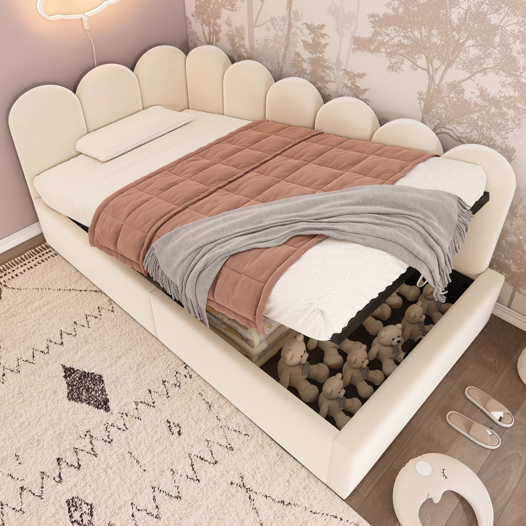 OKWISH Letto a Divanetto Singolo con Contenitore, Vano Contenitore Idraulico e Testiera, 190×90 cm, senza Materasso, Velluto, Beige