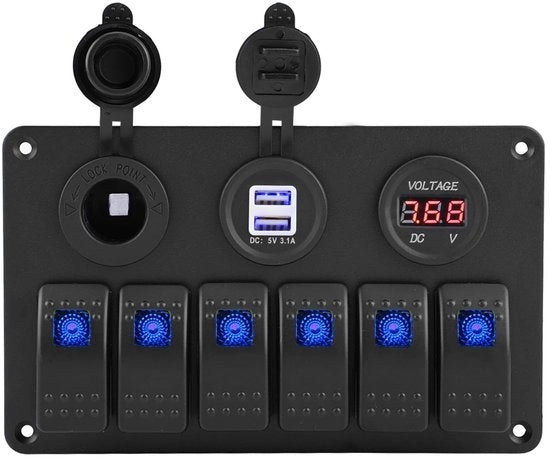 Pannello a 6 gang con interruttore a manopola, USB e voltmetro per auto e barca 12V/24V