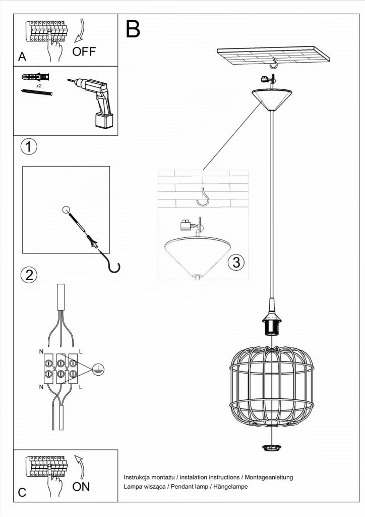Lampada a sospensione CELTA nera metallo E27 Ø25 Sollux