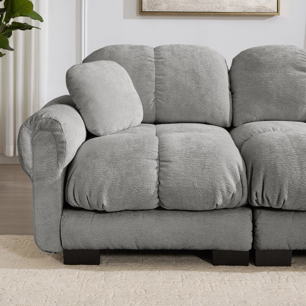 Divano modulare a 2 posti in ciniglia con chaise longue mobile e cuscini trapuntati, Grigio chiaro