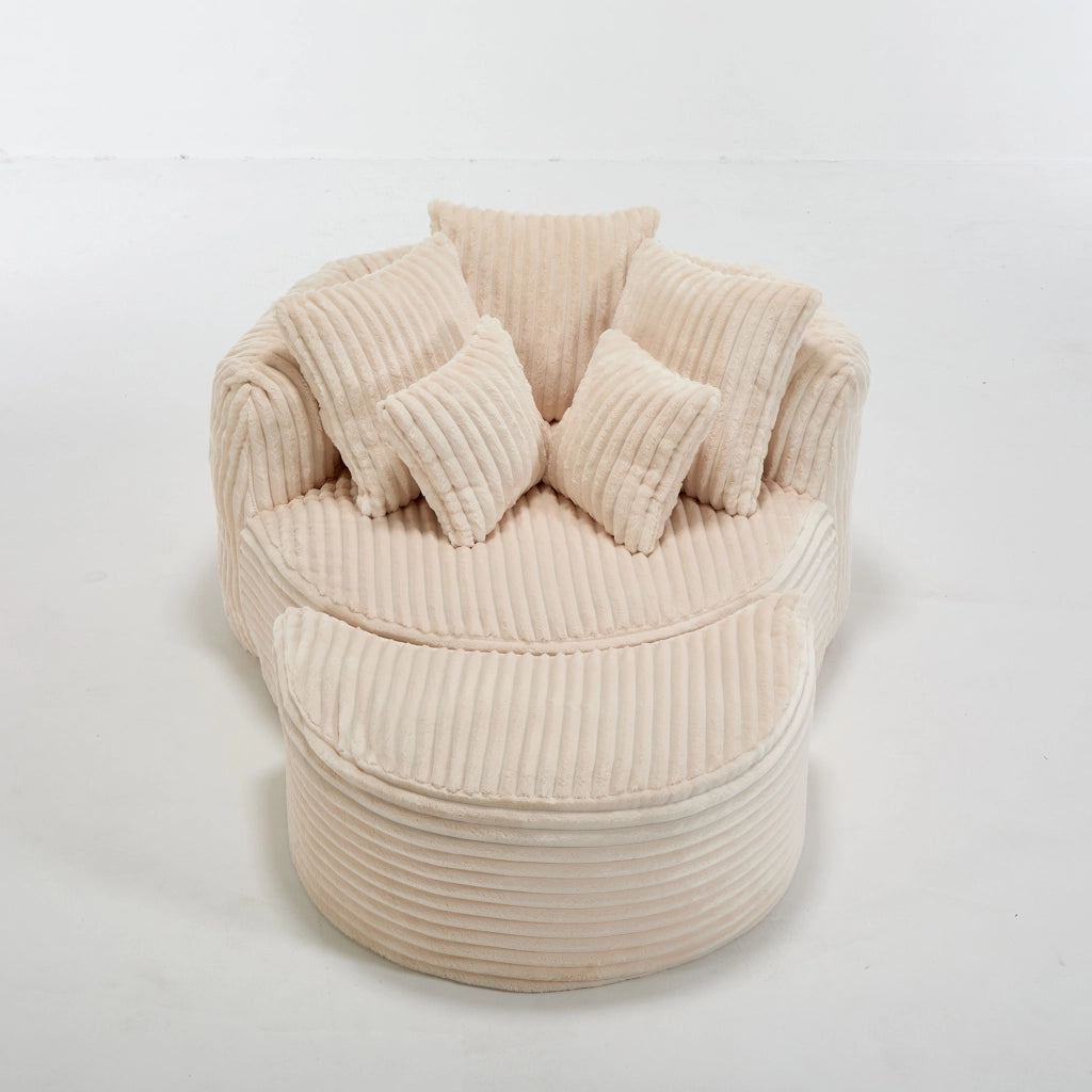 Poltrona da lettura rotonda in tessuto beige con 5 cuscini e pouf per soggiorno e camera da letto