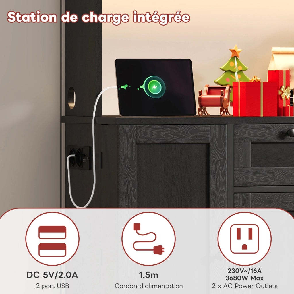 Credenza da Cucina Alta con 5 Ante e 1 Cassetto; LED e Prese; Ripiani Regolabili; in MDF; 105x40x180 cm; Nero